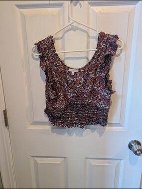 Patrons of Peace Purple Floral Smocked Ruffle Crop Top